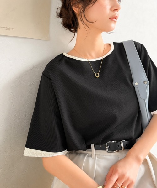 classicalelf（クラシカルエルフ）の「異素材と配色で上品に華やぐ。ふくれジャガード×リブの大人可愛いハーフスリーブトップス（半袖）（Tシャツ/カットソー・レディース・ブラック/グレー/アイボリー・SMALL/MEDIUM/LARGE/X-LARGE）」の4枚目の写真