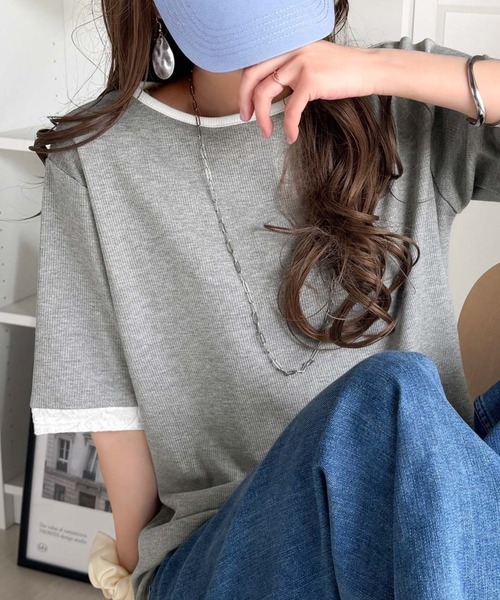 classicalelf（クラシカルエルフ）の「異素材と配色で上品に華やぐ。ふくれジャガード×リブの大人可愛いハーフスリーブトップス（半袖）（Tシャツ/カットソー・レディース・ブラック/グレー/アイボリー・SMALL/MEDIUM/LARGE/X-LARGE）」の13枚目の写真