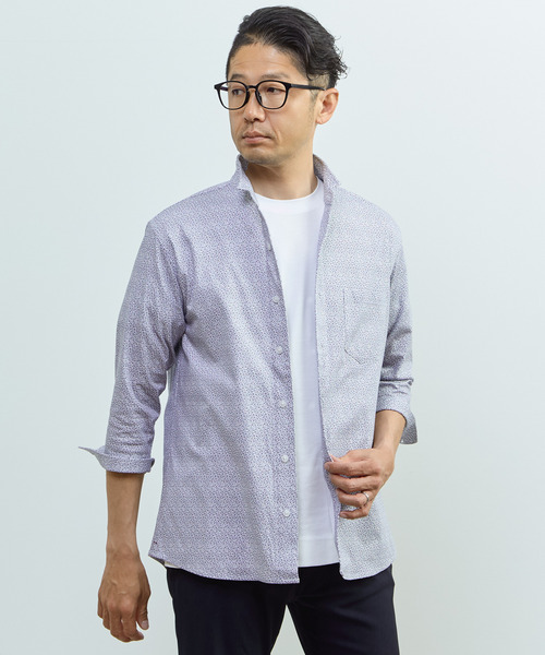 MEN'S MELROSE（メンズメルローズ）の「ストレッチフィット ワンピースカラー 七分袖シャツ（シャツ/ブラウス・メンズ・ホワイト系その他/ライトグレー/ネイビー・2/3）」の2枚目の写真