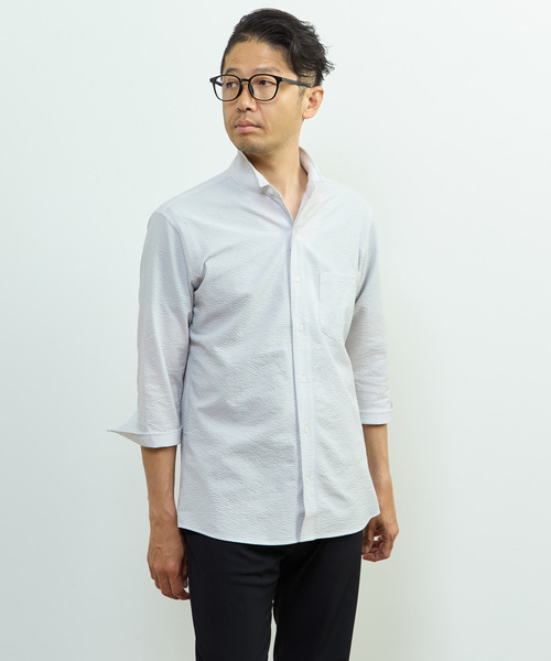 MEN'S MELROSE（メンズメルローズ）の「ストレッチフィット ワンピースカラー 七分袖シャツ（シャツ/ブラウス・メンズ・ホワイト系その他/ライトグレー/ネイビー・2/3）」の3枚目の写真