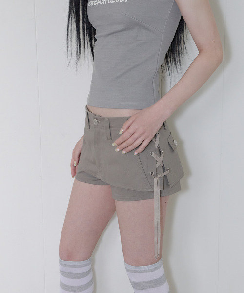 41PRAY（サイルプレイ）の「Layered Lace-Up Skirt shorts / Khaki Brown（スカート・レディース・カーキ・1/2）」の6枚目の写真