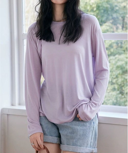 MAISON DE THERESE（メゾン ド テレーズ）の「6色展開 天糸 冷感 丸首 長袖Tシャツ UVカット エアコン対応 夏用インナー（Tシャツ/カットソー・レディース・ベージュ/パープル/ホワイト/ブラック/ブルー/グレー・FREE）」の7枚目の写真