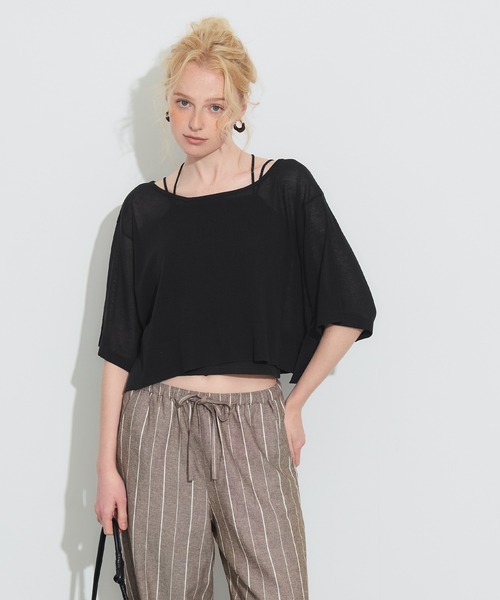 coca（coca）（コカ）の「シアーニットワイドクロップドトップス（Tシャツ/カットソー・レディース・ブラック/グレー・S/L/M）」の12枚目の写真