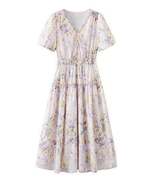 &soiree(アンドソワレ)の「Vネックボタニカル柄バルーンスリーブワンピース(ワンピース・レディース・ホワイト・SMALL/MEDIUM/LARGE)」の6枚目の写真