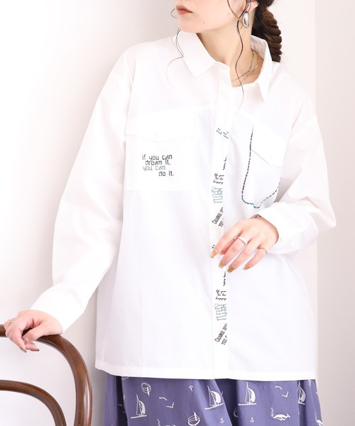 Emago(イマゴ)の「EMAGO らくがきロゴ刺繍シャツ 長袖(シャツ/ブラウス・レディース・ネイビー/ブラック/ホワイト・FREE)」の20枚目の写真