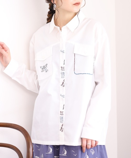 Emago(イマゴ)の「EMAGO らくがきロゴ刺繍シャツ 長袖(シャツ/ブラウス・レディース・ネイビー/ブラック/ホワイト・FREE)」の21枚目の写真
