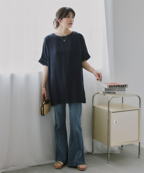 slattgir(スラットジール)の「高身長 バックリボンデザインチュニックブラウス(トールサイズ)Essenave(シャツ/ブラウス・レディース・ネイビー/ライトベージュ・M~L/LL~3L/4L~5L)」の10枚目の写真