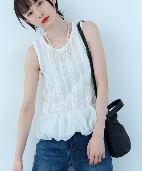 flaeu(フラユ)の「Balloon Peplum Sleeveless Top(Tシャツ/カットソー・レディース・ホワイト/ブラック・FREE)」の9枚目の写真