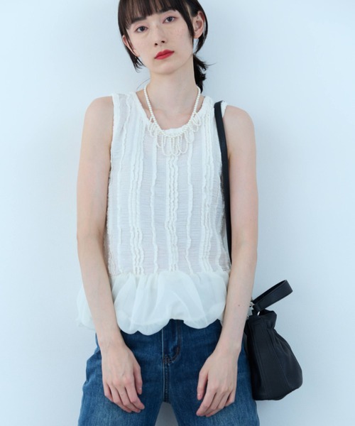 flaeu(フラユ)の「Balloon Peplum Sleeveless Top(Tシャツ/カットソー・レディース・ホワイト/ブラック・FREE)」の8枚目の写真