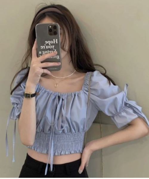 VIVID LADY(ビビッドレディー)の「Ribbon Shirring Blouse / リボンシャーリングブラウス(Tシャツ/カットソー・レディース・ホワイト/ライトブルー・FREE)」の2枚目の写真