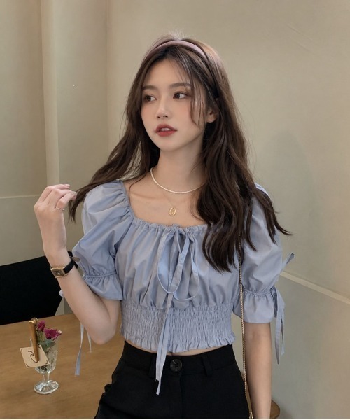 VIVID LADY(ビビッドレディー)の「Ribbon Shirring Blouse / リボンシャーリングブラウス(Tシャツ/カットソー・レディース・ホワイト/ライトブルー・FREE)」の5枚目の写真