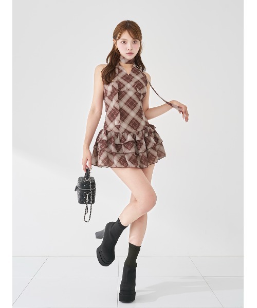 Darich(ダーリッチ)の「バイヤスチェックホルターミニワンピース(ワンピース・レディース・ブラウン/ブラック/ボルドー・FREE)」の4枚目の写真