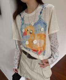26AW/フラワーモチーフ付き アヒルプリント フェイクレイヤードTシャツ