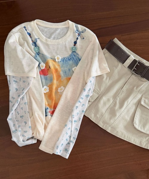 CHUN CHUN NOTES(チュンチュンノーツ)の「26AW/フラワーモチーフ付き アヒルプリント フェイクレイヤードTシャツ(Tシャツ/カットソー・レディース・アイボリー・F)」の6枚目の写真