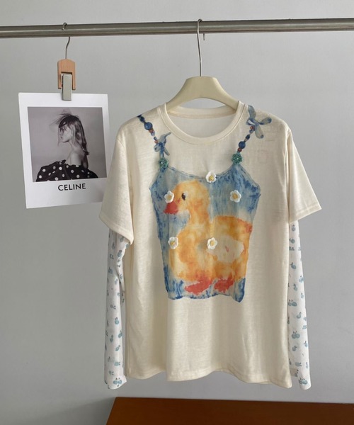 CHUN CHUN NOTES(チュンチュンノーツ)の「26AW/フラワーモチーフ付き アヒルプリント フェイクレイヤードTシャツ(Tシャツ/カットソー・レディース・アイボリー・F)」の7枚目の写真