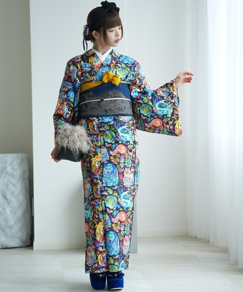 utatane(ウタタネ)の「着物 単衣 ニコアンティーク 真夜中の動物図鑑(着物・レディース・マルチ・FREE)」の2枚目の写真