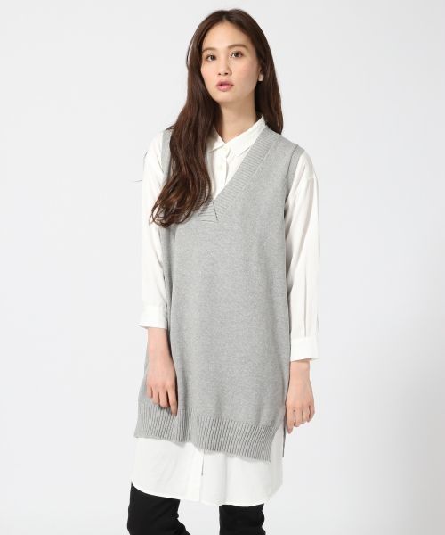 GLOBAL WORK(グローバルワーク)の「【セットアイテム】Vベスト*シャツワンピース/714222(ワンピース・レディース・グレー/ネイビー/ベージュ・MEDIUM/LARGE)」の2枚目の写真