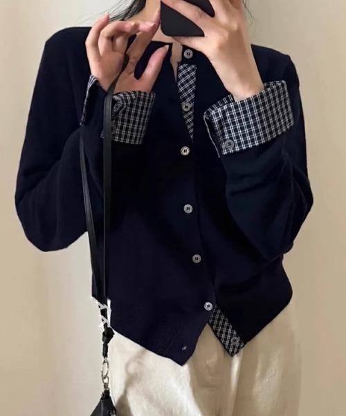 Teem Store(チームストア)の「チェック柄シャツドッキング クルーネックニットカーディガン(ニット/セーター・レディース・ホワイト/グレー/ブラック・M)」の2枚目の写真