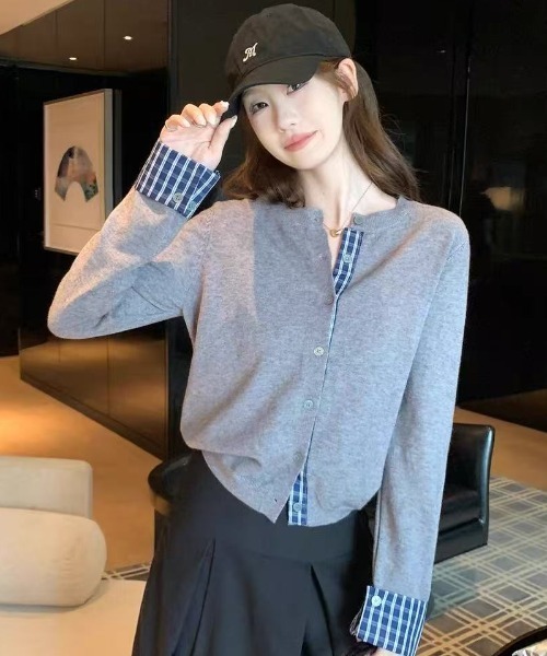 Teem Store(チームストア)の「チェック柄シャツドッキング クルーネックニットカーディガン(ニット/セーター・レディース・ホワイト/グレー/ブラック・M)」の4枚目の写真