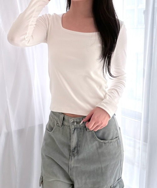 merrylatte(メリーラテ)の「スクエアネック コットン ストレッチ 細見え トップス(Tシャツ/カットソー・レディース・ホワイト/グレー/ブラック・FREE)」の22枚目の写真