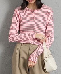 MEYAME（メヤメ）の「[MEYAME/メヤメ] ソフトリブ ヘンリーネックボーダーカットソー（Tシャツ/カットソー）」