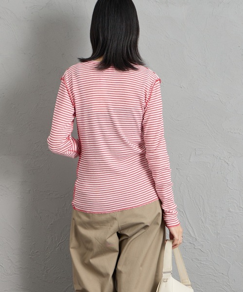 MEYAME（メヤメ）の「[MEYAME/メヤメ] ソフトリブ ヘンリーネックボーダーカットソー（Tシャツ/カットソー・レディース・ピンク・F）」の9枚目の写真