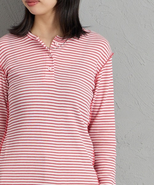 MEYAME（メヤメ）の「[MEYAME/メヤメ] ソフトリブ ヘンリーネックボーダーカットソー（Tシャツ/カットソー・レディース・ピンク・F）」の10枚目の写真