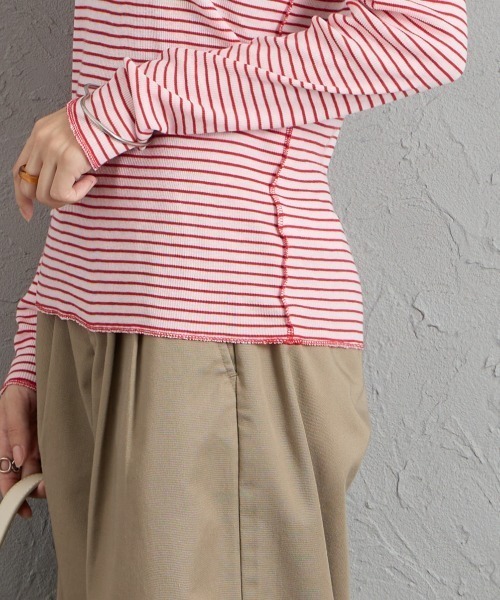 MEYAME（メヤメ）の「[MEYAME/メヤメ] ソフトリブ ヘンリーネックボーダーカットソー（Tシャツ/カットソー・レディース・ピンク・F）」の11枚目の写真