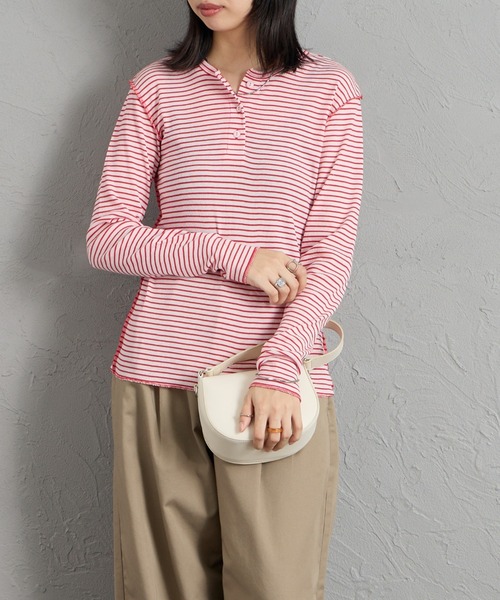 MEYAME（メヤメ）の「[MEYAME/メヤメ] ソフトリブ ヘンリーネックボーダーカットソー（Tシャツ/カットソー・レディース・ピンク・F）」の7枚目の写真