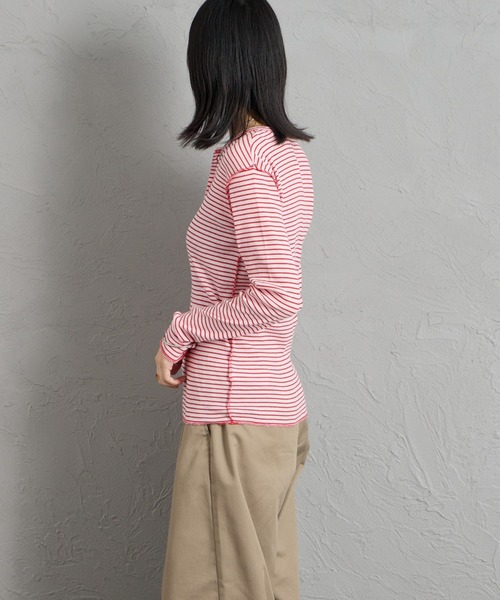 MEYAME（メヤメ）の「[MEYAME/メヤメ] ソフトリブ ヘンリーネックボーダーカットソー（Tシャツ/カットソー・レディース・ピンク・F）」の8枚目の写真