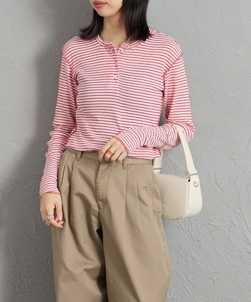 MEYAME（メヤメ）の「[MEYAME/メヤメ] ソフトリブ ヘンリーネックボーダーカットソー（Tシャツ/カットソー・レディース・ピンク・F）」の3枚目の写真