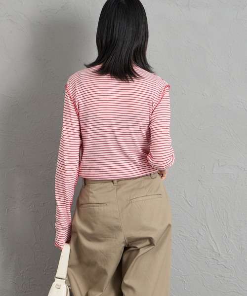 MEYAME（メヤメ）の「[MEYAME/メヤメ] ソフトリブ ヘンリーネックボーダーカットソー（Tシャツ/カットソー・レディース・ピンク・F）」の4枚目の写真