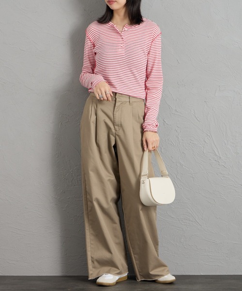 MEYAME（メヤメ）の「[MEYAME/メヤメ] ソフトリブ ヘンリーネックボーダーカットソー（Tシャツ/カットソー・レディース・ピンク・F）」の2枚目の写真