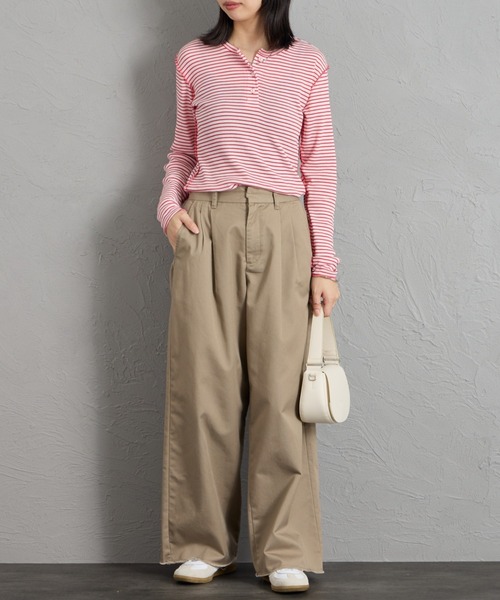 MEYAME（メヤメ）の「[MEYAME/メヤメ] ソフトリブ ヘンリーネックボーダーカットソー（Tシャツ/カットソー・レディース・ピンク・F）」の5枚目の写真