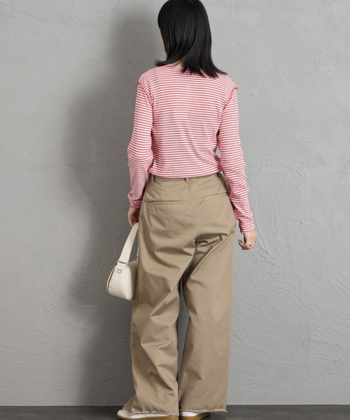 MEYAME（メヤメ）の「[MEYAME/メヤメ] ソフトリブ ヘンリーネックボーダーカットソー（Tシャツ/カットソー・レディース・ピンク・F）」の6枚目の写真