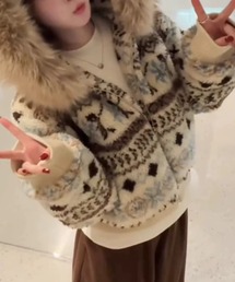 フェアアイル柄 ファーカラー フード付き ショート丈 中綿ジャケット
