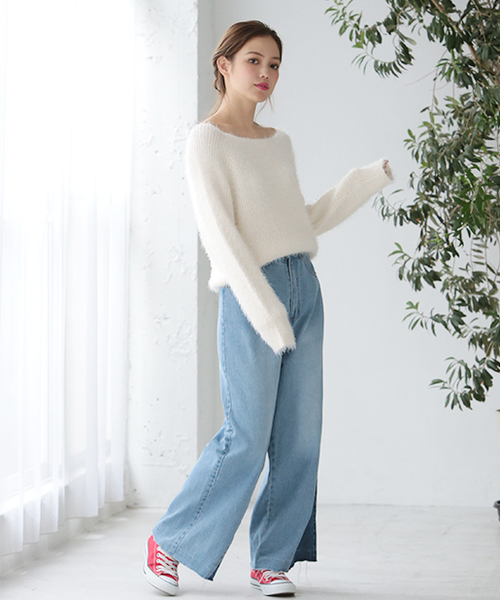 one after another NICE CLAUP（ワンアフターアナザーナイスクラップ）の「くるくるフェザーニット（ニット/セーター・レディース・ピンク/ブラック/オフホワイト/グレー・FREE）」の16枚目の写真