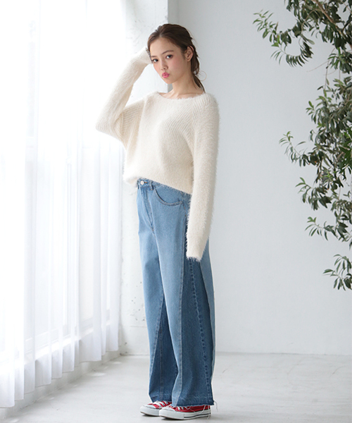 one after another NICE CLAUP（ワンアフターアナザーナイスクラップ）の「くるくるフェザーニット（ニット/セーター・レディース・ピンク/ブラック/オフホワイト/グレー・FREE）」の9枚目の写真