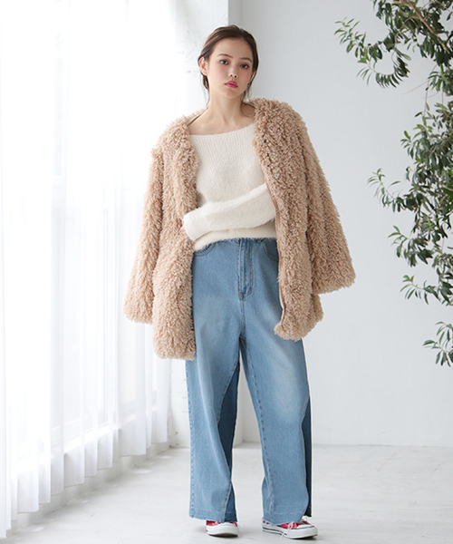 one after another NICE CLAUP（ワンアフターアナザーナイスクラップ）の「くるくるフェザーニット（ニット/セーター・レディース・ピンク/ブラック/オフホワイト/グレー・FREE）」の10枚目の写真