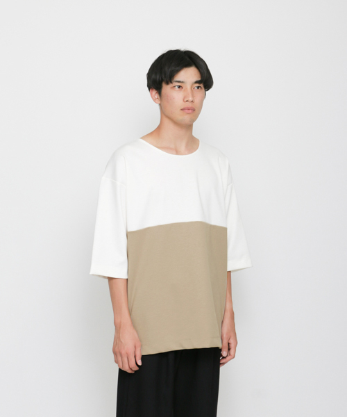 SENSE OF PLACE by URBAN RESEARCH(センスオブプレイスバイアーバンリサーチ)の「バイカラーボリュームTシャツ(5分袖)(Tシャツ/カットソー・メンズ・ライトブラウン/ブラック/ベージュ・MEDIUM/LARGE)」の1枚目の写真