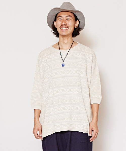 チャイハネ（チャイハネ）の「【チャイハネ】yul ジャガードコットンニットMEN'Sトップス（ニット/セーター・メンズ・ブラック/ブルー/ベージュ/ホワイト/ダークブラック/オレンジ・FREE）」の3枚目の写真