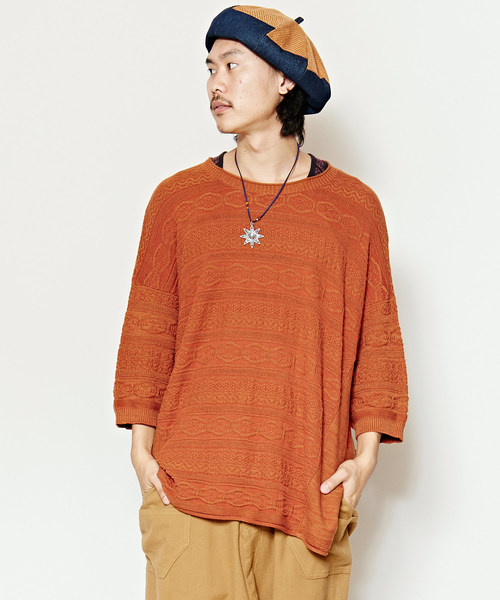 チャイハネ（チャイハネ）の「【チャイハネ】yul ジャガードコットンニットMEN'Sトップス（ニット/セーター・メンズ・ブラック/ブルー/ベージュ/ホワイト/ダークブラック/オレンジ・FREE）」の6枚目の写真