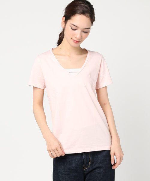 three dots(スリードッツ)の「Marisol 5月号掲載/ブレンダ T / 半袖(Tシャツ/カットソー・レディース・ライトピンク/ネイビー/ホワイト/杢グレー/サーモンピンク/ブラック・X-SMALL/SMALL)」の1枚目の写真