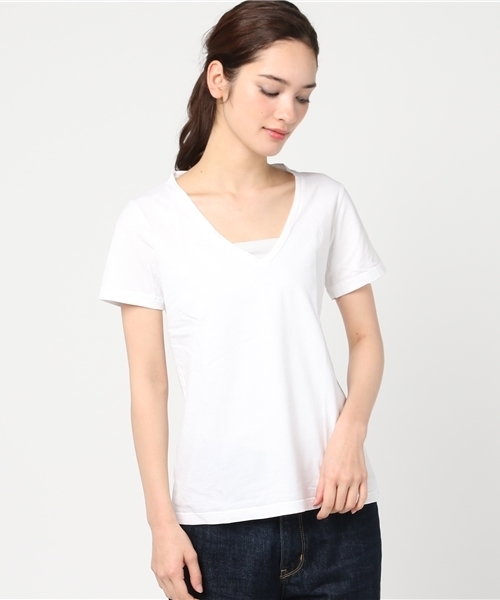 three dots(スリードッツ)の「Marisol 5月号掲載/ブレンダ T / 半袖(Tシャツ/カットソー・レディース・ライトピンク/ネイビー/ホワイト/杢グレー/サーモンピンク/ブラック・X-SMALL/SMALL)」の2枚目の写真
