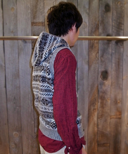 Jamieson's ウール フード付きベスト グレー/ブラック/ブルー