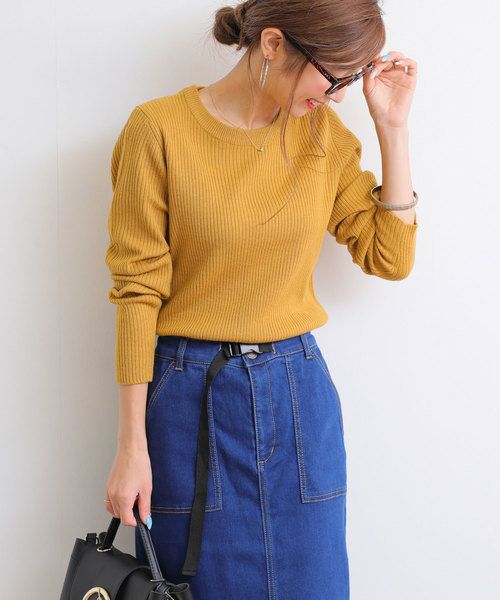 andme(アンドミー)の「長袖リブニットトップス(ニット/セーター・レディース・ブラック/パープル/グレー/オフホワイト/グリーン/マスタード・M/L)」の6枚目の写真