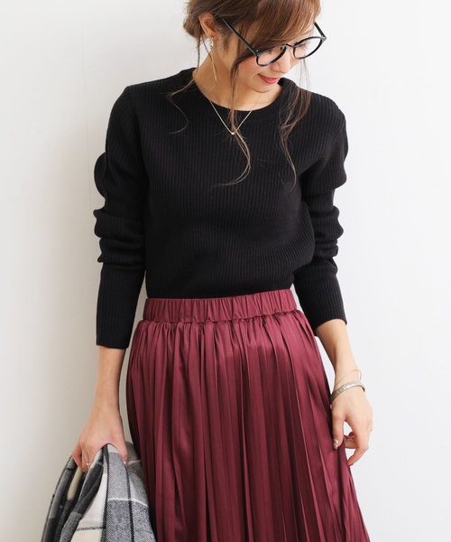 andme(アンドミー)の「長袖リブニットトップス(ニット/セーター・レディース・ブラック/パープル/グレー/オフホワイト/グリーン/マスタード・M/L)」の2枚目の写真