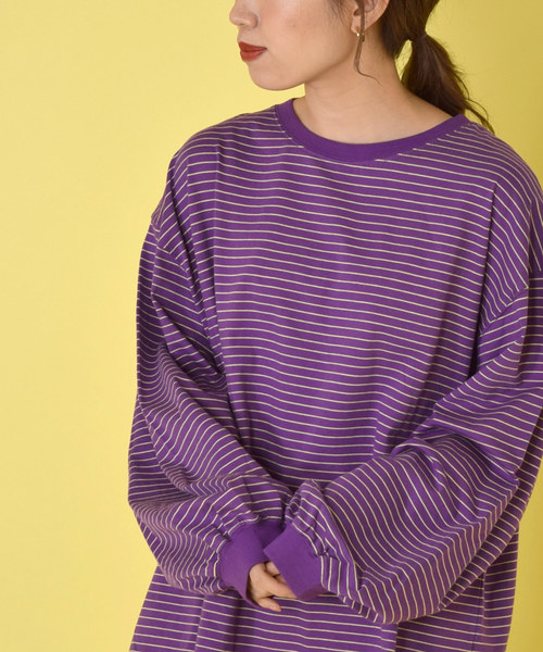 w closet（ダブルクローゼット）の「クルーネックボーダービッグプルオーバー（Tシャツ/カットソー・レディース・ブラック/パープル/オフホワイト/サックスブルー/ライトグリーン/ラベンダー/モカ/ブルー系その他・FREE）」の7枚目の写真