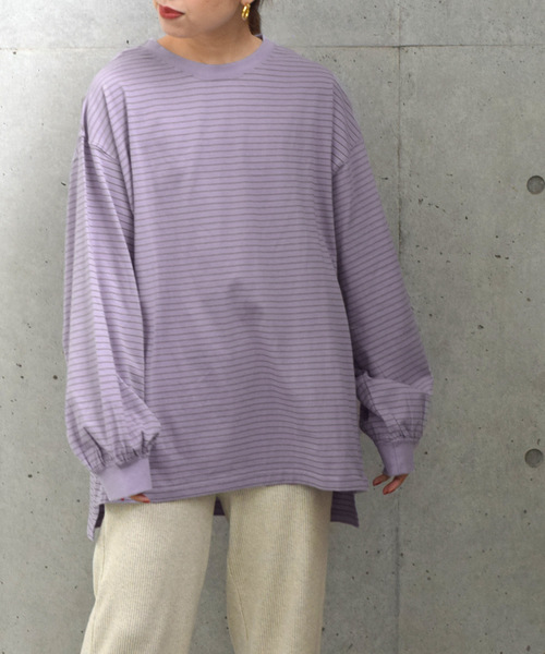 w closet（ダブルクローゼット）の「クルーネックボーダービッグプルオーバー（Tシャツ/カットソー・レディース・ブラック/パープル/オフホワイト/サックスブルー/ライトグリーン/ラベンダー/モカ/ブルー系その他・FREE）」の6枚目の写真