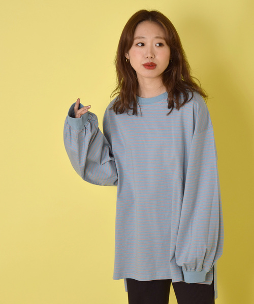 w closet（ダブルクローゼット）の「クルーネックボーダービッグプルオーバー（Tシャツ/カットソー・レディース・ブラック/パープル/オフホワイト/サックスブルー/ライトグリーン/ラベンダー/モカ/ブルー系その他・FREE）」の5枚目の写真